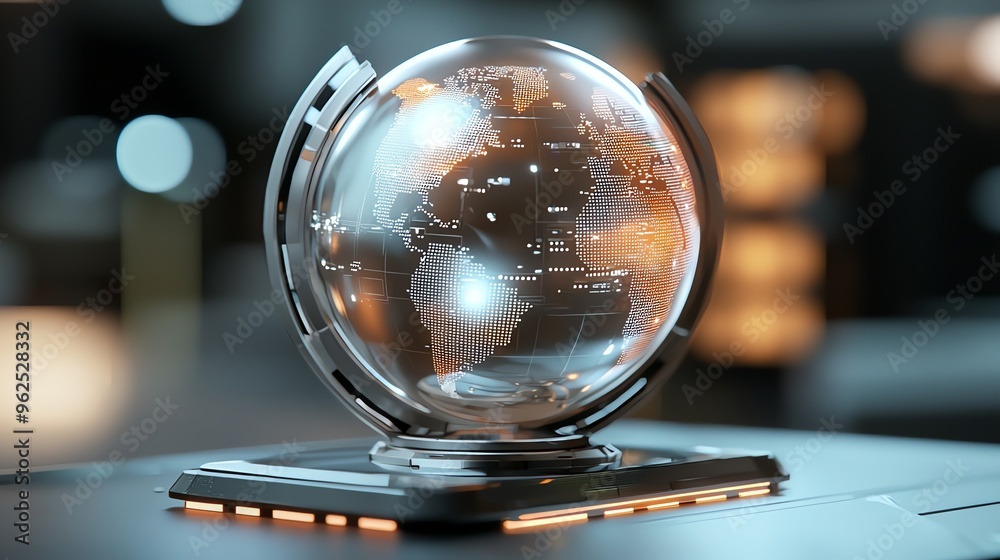 36 A glowing AI-powered predictive model visualized as a holographic globe with data points, symbolizing global forecasting and analysis