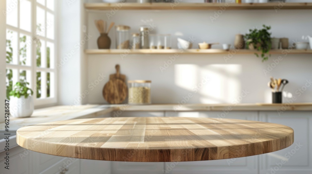 An empty, round wooden tabletop counter in a clean, bright kitchen, ideal for product display or banner, showcasing a ready-for-montage surface. An empty, round wooden tabletop counter in a clean, bright kitchen, ideal for product display or banner, showcasing a ready-for-montage surface.