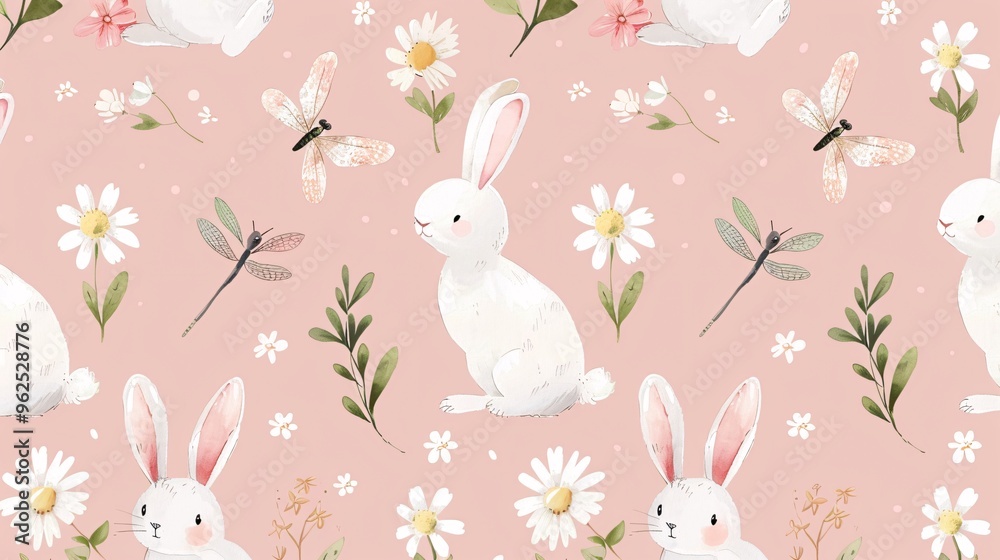 130. Beautifully crafted seamless pattern with bunny cartoons, dragonflies, and daisy flowers on a pink background, perfect for adding a touch of cuteness to kids' designs and products 130. Beautifully crafted seamless pattern with bunny cartoons, dragonflies, and daisy flowers on a pink background, perfect for adding a touch of cuteness to kids' designs and products