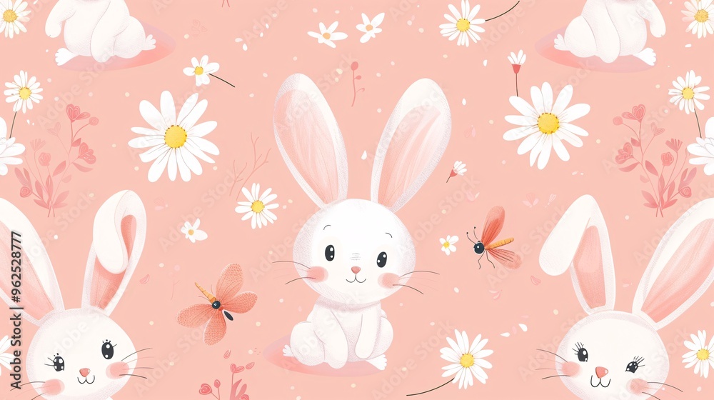 130. Beautifully crafted seamless pattern with bunny cartoons, dragonflies, and daisy flowers on a pink background, perfect for adding a touch of cuteness to kids' designs and products 130. Beautifully crafted seamless pattern with bunny cartoons, dragonflies, and daisy flowers on a pink background, perfect for adding a touch of cuteness to kids' designs and products
