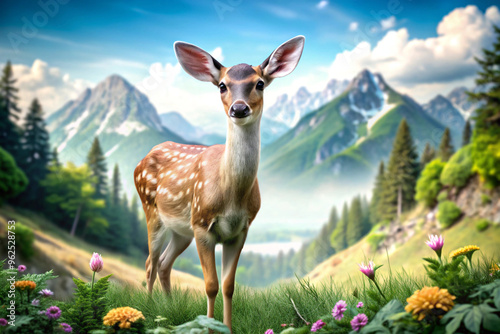 A Fawn in a Mountainous Meadow with Blue Sky and Clouds