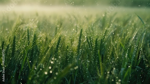 Green wheat field wallpaper with dew on leaves