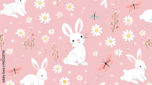 130. Beautifully crafted seamless pattern with bunny cartoons, dragonflies, and daisy flowers on a pink background, perfect for adding a touch of cuteness to kids' designs and products