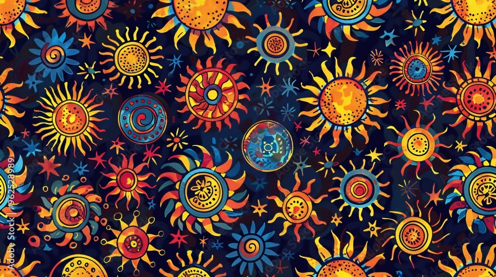 134. Artistic seamless pattern featuring colorful suns in various styles, representing both sunset and sunrise, ideal for creating cheerful and vibrant backgrounds 134. Artistic seamless pattern featuring colorful suns in various styles, representing both sunset and sunrise, ideal for creating cheerful and vibrant backgrounds
