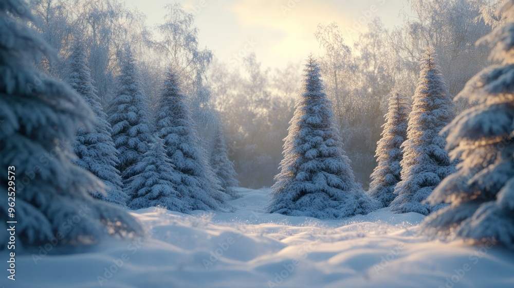 Snow-Covered Fir Trees in a Winter Forest at Sunset Snow-Covered Fir Trees in a Winter Forest at Sunset