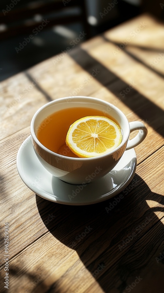 Refreshing Black Tea with Lemon Slice on Polished Wooden Table Refreshing Black Tea with Lemon Slice on Polished Wooden Table