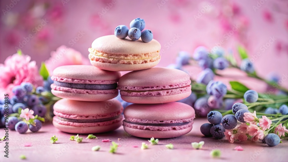 Close up of pastel colored French macaroons with flowers, blueberry powder on pink background, macaroon, sweet, pastel, French Close up of pastel colored French macaroons with flowers, blueberry powder on pink background, macaroon, sweet, pastel, French