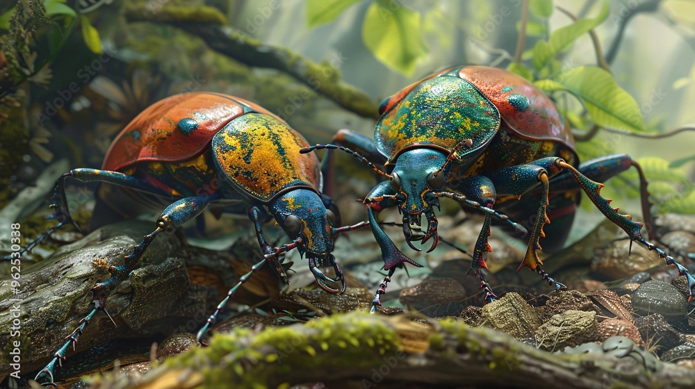 Fototapeta premium 5. Artistic rendering of Carabus bessarabicus beetles interacting on a forest floor, displaying vivid colors and intricate details in a naturalistic setting