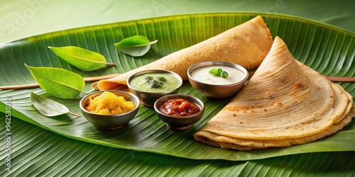 Adai dosa breakfast served on a traditional banana leaf , South Indian, breakfast, Indian cuisine, vegetarian, homemade photo