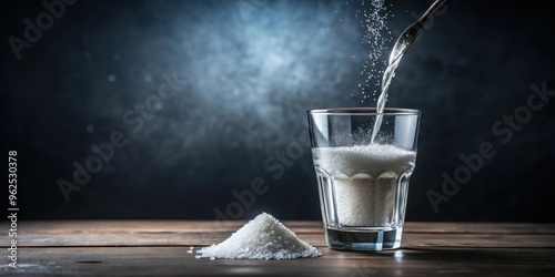 A close-up shot of sugar being stirred into a glass of water, mixing, sugar, glass, water, beverage, drink, dissolve