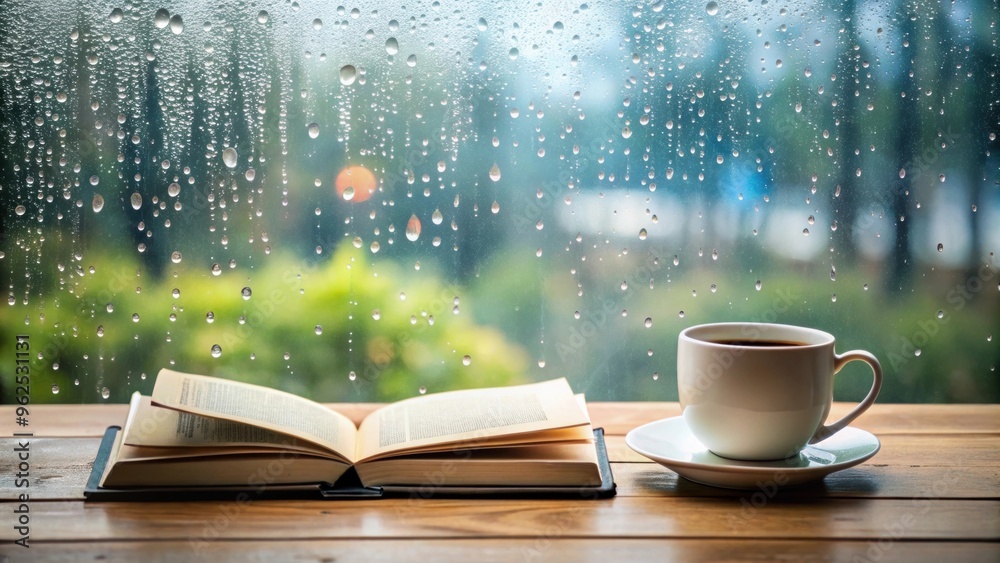Coffee cup and book in front of rainy day window, rainy day, window, coffee, cup, book, reading, relaxing, cozy Coffee cup and book in front of rainy day window, rainy day, window, coffee, cup, book, reading, relaxing, cozy