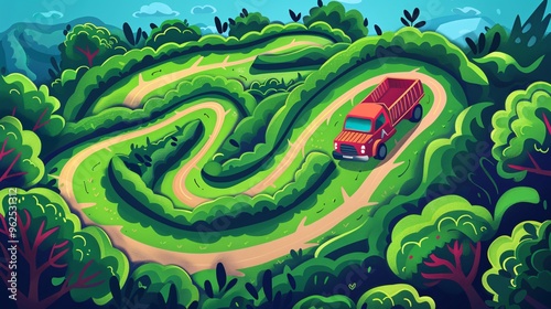 15. Creative and educational maze game illustration for children, featuring a truck on a quest through a winding labyrinth, aimed at developing logical thinking, A4-ready