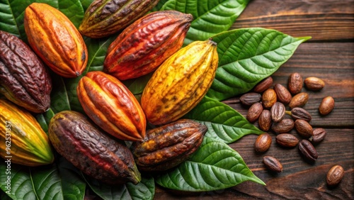 Close up of cocoa pods with cocoa leaf, cacao, pod, beans, agriculture, chocolate, tropical, farm, plantation, organic, harvest, green