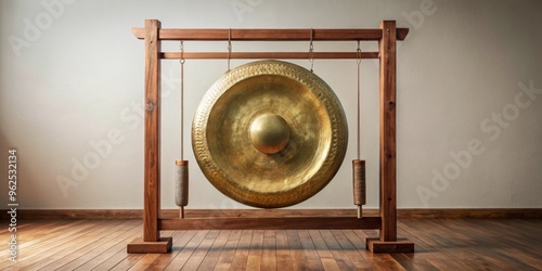 Large gong hanging from wooden stand, gong, percussion, instrument, music, traditional, cultural, sound, resonance, metal