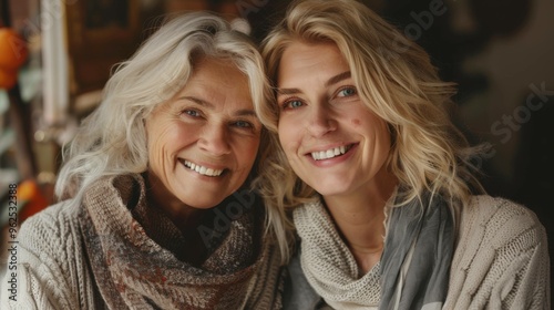 Happy elderly blonde mom and her young daughter smiling, hugging, and bonding at home, enjoying their warm family relationship. Head shot portrait with toothy smiles.