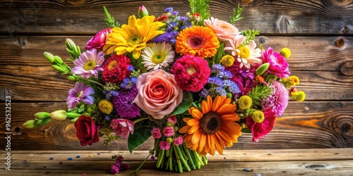 Vibrant bouquet of assorted flowers on rustic wooden background, blooms, petals, colorful, floral arrangement, nature, garden