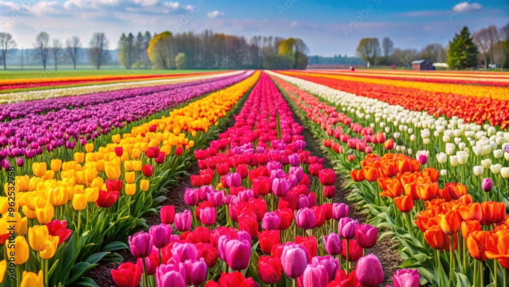 Vibrant tulip field in full bloom with rows of colorful flowers , flowers, tulips, spring, bloom, vibrant, nature, beauty Vibrant tulip field in full bloom with rows of colorful flowers , flowers, tulips, spring, bloom, vibrant, nature, beauty