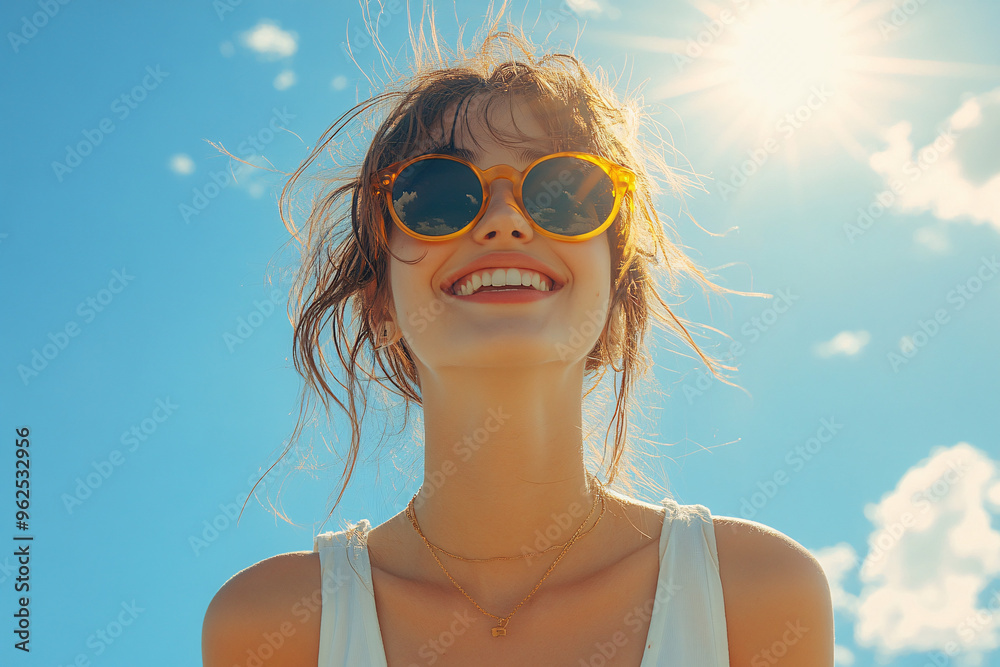 A young woman in sunglasses laughs against the background of the sky and sun. A young woman in sunglasses laughs against the background of the sky and sun.