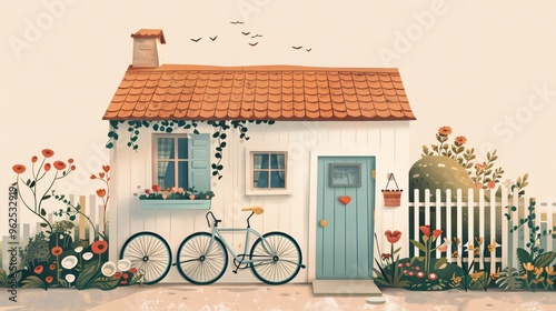 30. Sweet and simple illustrations of tiny houses with garden plants and floral bicycles, capturing a homey and welcoming feel in a childish and playful design photo