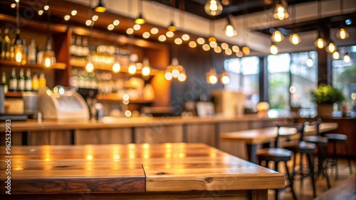 Wallpaper Mural Blurred modern cafe interior with bokeh lights and wooden bar counter, cafe, interior, blurred, modern, bokeh lights Torontodigital.ca