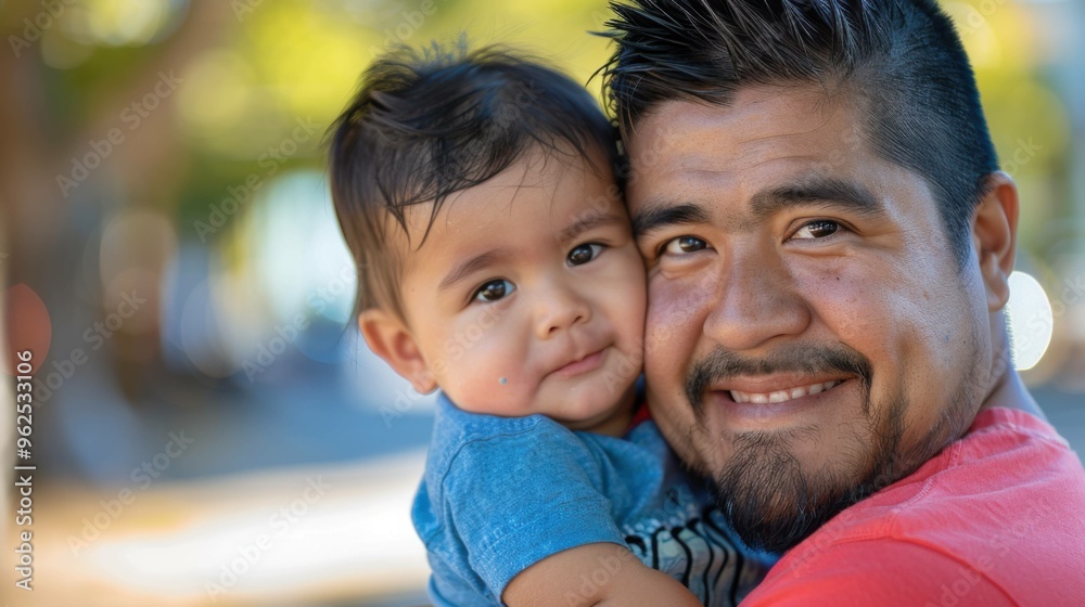 A smiling Latino father and his baby boy enjoying a joyful moment together, close-up portrait of the father holding his beloved child, celebrating family and happiness with space for text. A smiling Latino father and his baby boy enjoying a joyful moment together, close-up portrait of the father holding his beloved child, celebrating family and happiness with space for text.