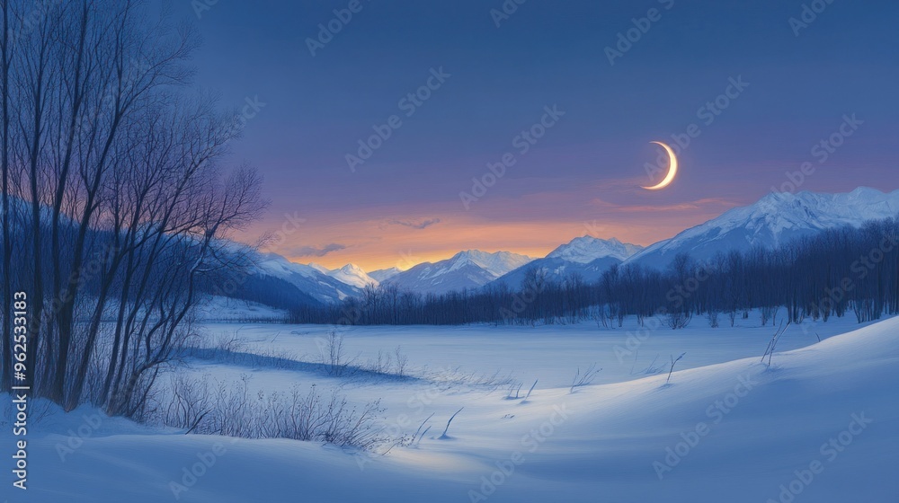 Fototapeta premium A crescent moon hangs over a snow covered mountain range at dusk.
