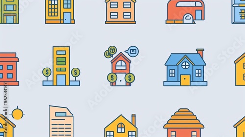 34. Animated outline icons depicting rental property services and real estate investing, presented in a seamless loop format with HD clarity and a transparent background