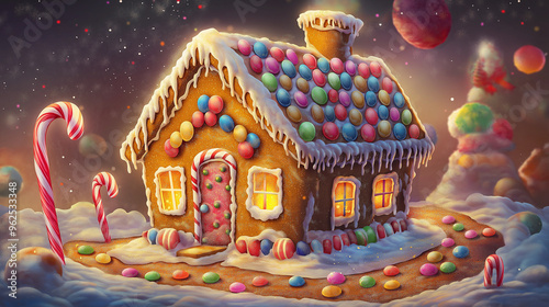 Gingerbread house fantasy illustration for Christmas