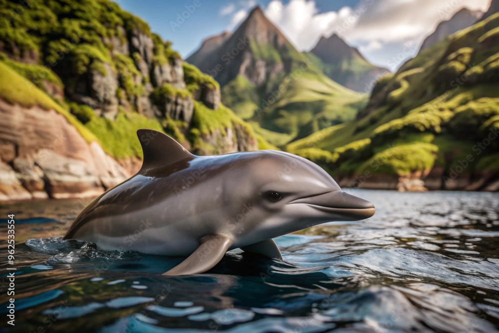 Fototapeta premium A Dolphin Swimming in the Ocean with a Mountainous Background