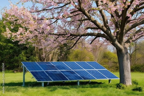 Obraz na płótnie Eco-Friendly Energy Solutions Featuring Solar Panels and Sustainable Tree Growth for a Carbon-Free Future w salonie