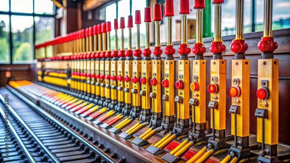 Detail shot of a mechanical signal box with red and yellow levers for controlling train signals, train, signals, mechanical