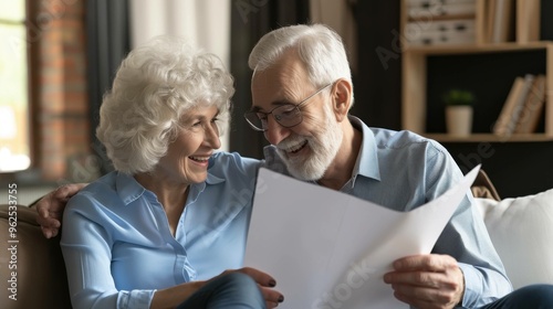 Happy elderly couple reviewing important documents, receiving positive financial news, celebrating a well-planned and secure retirement.