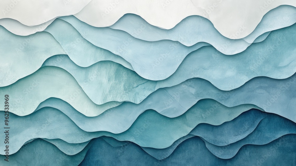 Fototapeta premium Abstract layered pattern of blue and white wavy lines resembling mountains or waves.