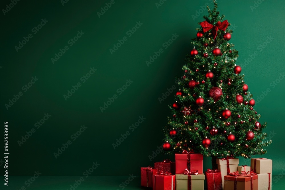 Christmas tree with gift boxes and red baubles on green background. Christmas concept with copy space for text with generative ai Christmas tree with gift boxes and red baubles on green background. Christmas concept with copy space for text with generative ai