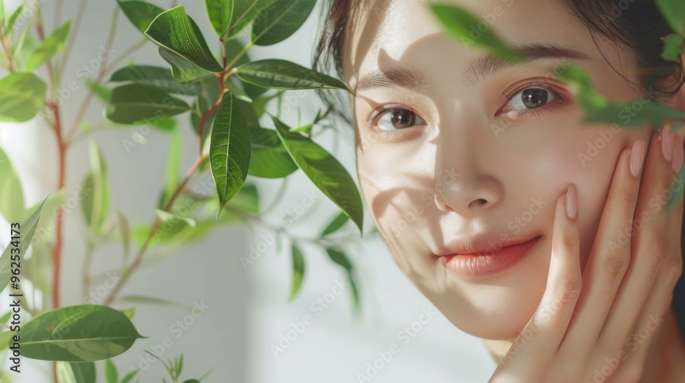 Close-up shot of a happy Asian woman with glowing skin, gently touching her face in a skincare and cosmetics concept, with copy space for text.
Close-up shot of a happy Asian woman with glowing skin, gently touching her face in a skincare and cosmetics concept, with copy space for text.