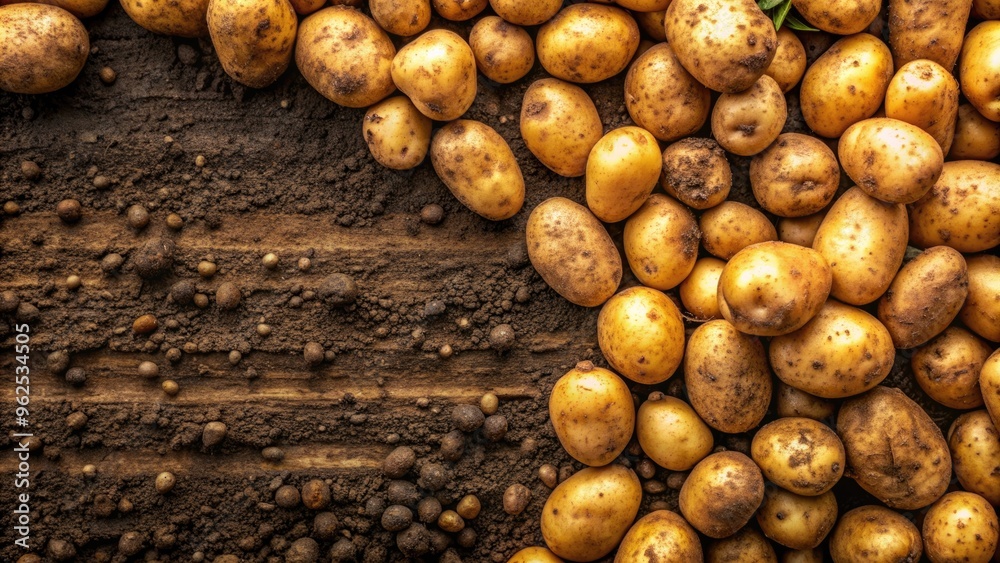 Close up of freshly harvested potatoes. Top view, potato, vegetable, food, close-up, organic, agriculture, farm, raw, earthy Close up of freshly harvested potatoes. Top view, potato, vegetable, food, close-up, organic, agriculture, farm, raw, earthy