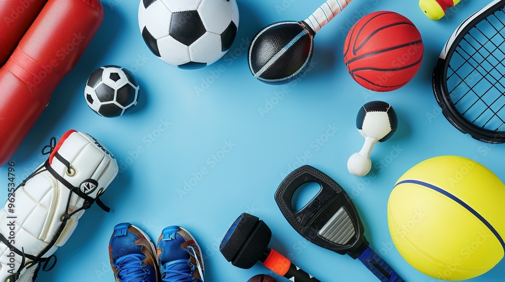 Blue Background with a Set of Sports Equipment in Top View Blue Background with a Set of Sports Equipment in Top View