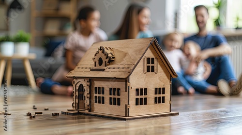 Wooden Model House with Blurred Family in Background