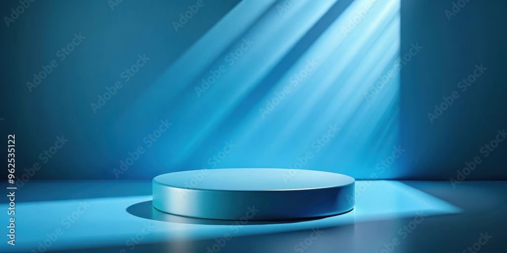 Blue podium with shadows and light for product presentation mockup, blue, background, shadows, light, round, podium Blue podium with shadows and light for product presentation mockup, blue, background, shadows, light, round, podium