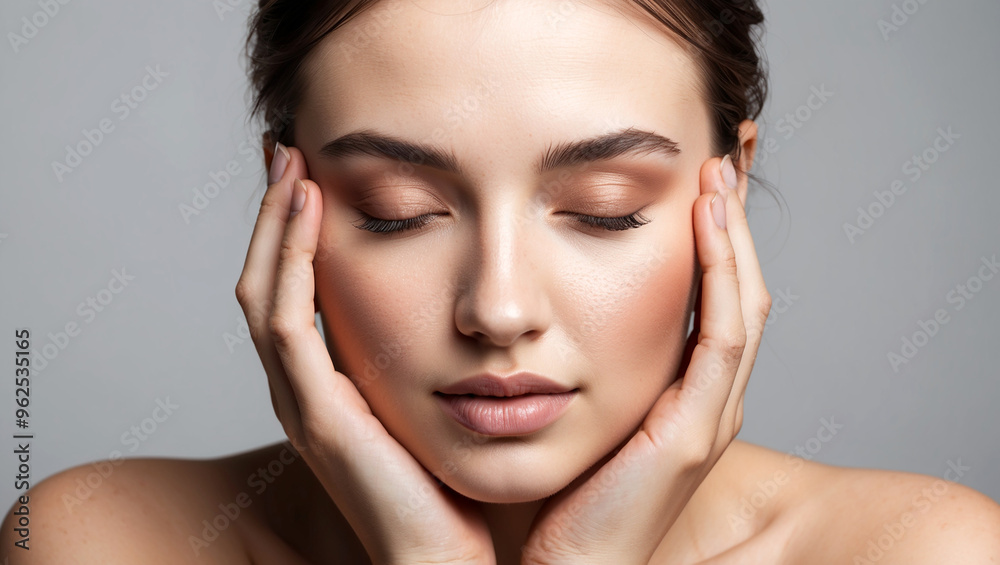 A young woman with smooth, healthy skin emphasizes her natural beauty, her eyes are closed calmly and her hands are holding her cheeks. A young woman with smooth, healthy skin emphasizes her natural beauty, her eyes are closed calmly and her hands are holding her cheeks.