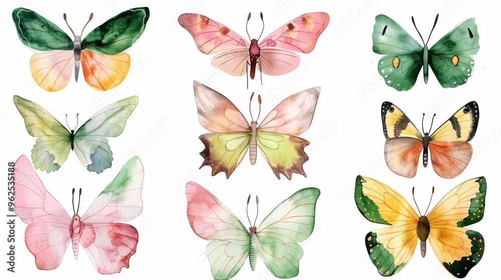 71. Watercolor illustration of vibrant butterflies, including pink, green, brown, and yellow, isolated on a white background, each butterfly painted with delicate brush strokes 71. Watercolor illustration of vibrant butterflies, including pink, green, brown, and yellow, isolated on a white background, each butterfly painted with delicate brush strokes