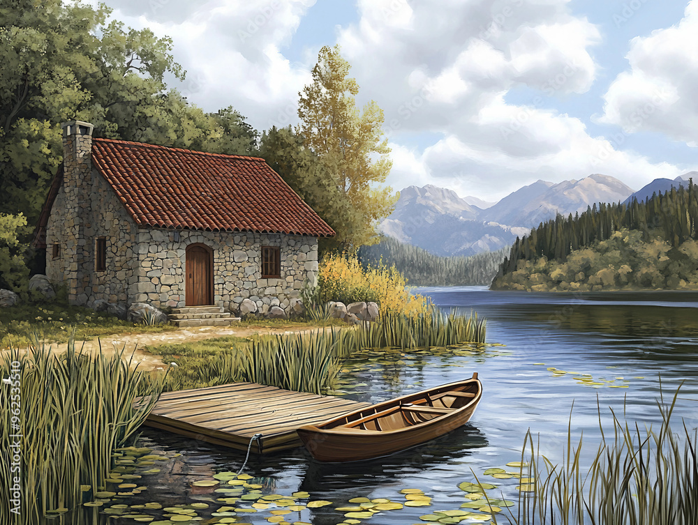 A house with a red roof sits on a dock by a lake