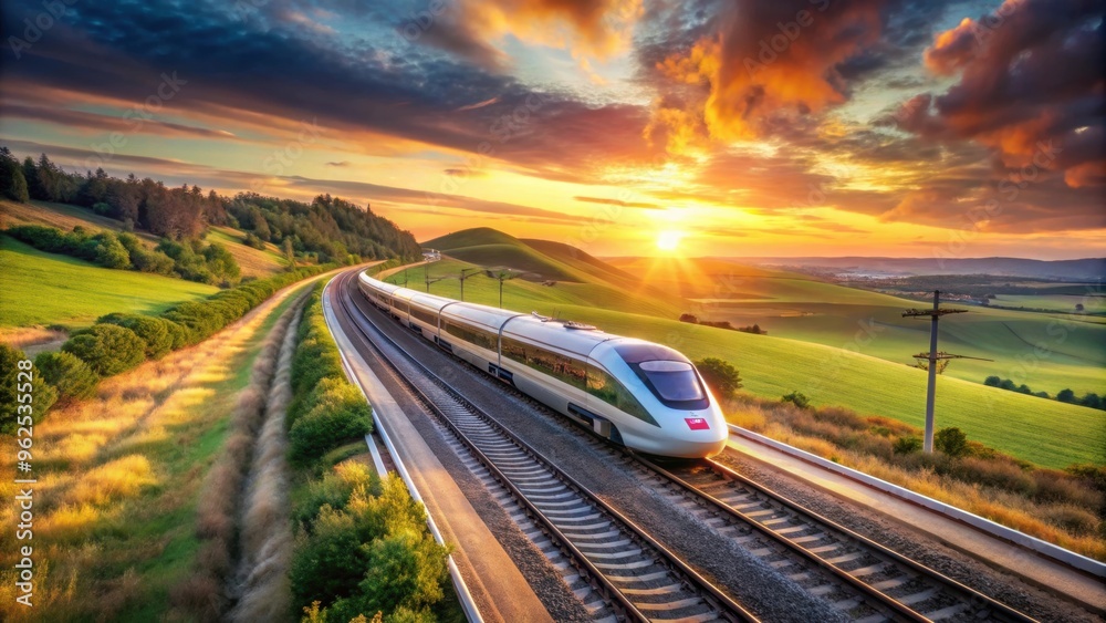 Naklejka premium High-speed train traveling through scenic natural landscape at sunset, train, high-speed, transportation, nature, sunset, travel