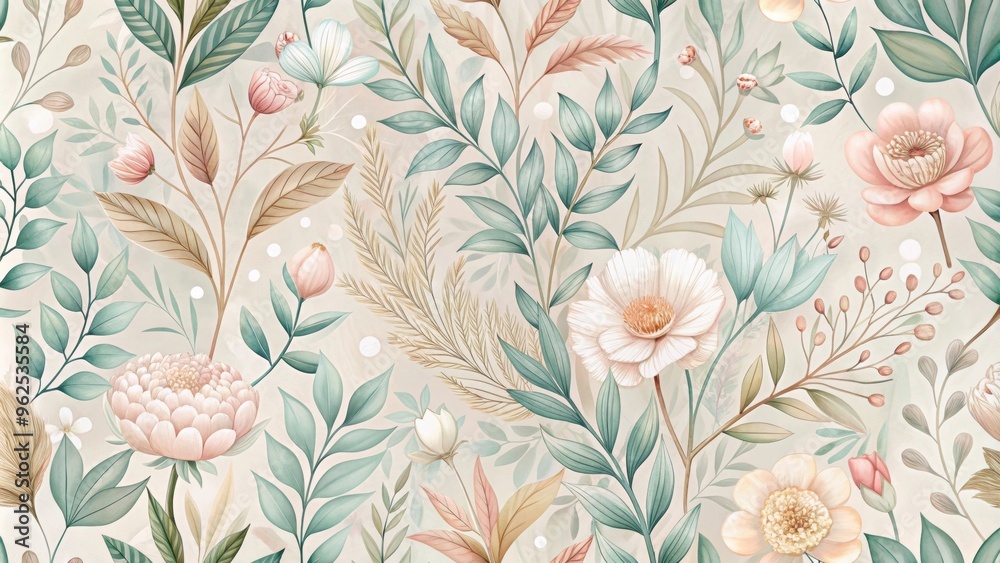 Elegant and modern botanic pattern with soft pastel colors and intricate details, botanical, leaves, plants, nature Elegant and modern botanic pattern with soft pastel colors and intricate details, botanical, leaves, plants, nature