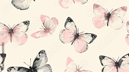 78. Artistic seamless pattern of hand-drawn pink butterflies, with detailed wing textures and a soft color palette, ideal for wallpaper or fabric designs