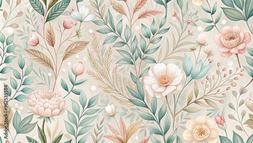 Elegant and modern botanic pattern with soft pastel colors and intricate details, botanical, leaves, plants, nature