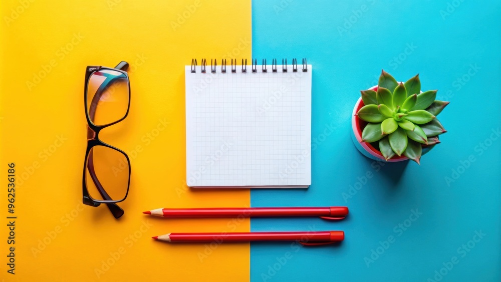 Vibrant flat-lay of stationery items on colorful background with notebook, glasses, pens, red pencil Vibrant flat-lay of stationery items on colorful background with notebook, glasses, pens, red pencil