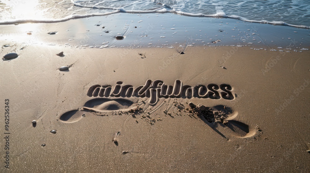 Fototapeta premium Mindfulness Written in Sand on a Beach