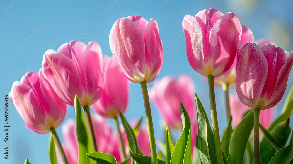 Pink Tulips Blooming Against a Blue Sky Pink Tulips Blooming Against a Blue Sky