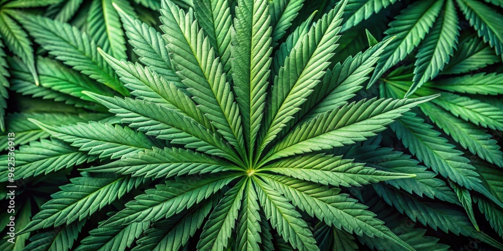 Close-up of a large marijuana leaf with a textured background of cannabis leaves in a pile, cannabis, marijuana, leaf, close up Close-up of a large marijuana leaf with a textured background of cannabis leaves in a pile, cannabis, marijuana, leaf, close up